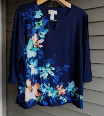 NWT ALFRED DUNNER STUNNING DEEP NAVY COLORFUL FLORALS JEWEL TRIM KNIT TOP 3X