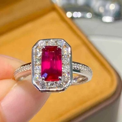 1.75Ct Emerald Cut Natural Red Ruby Diamond Wedding Ring 14K White Gold Size 7 8
