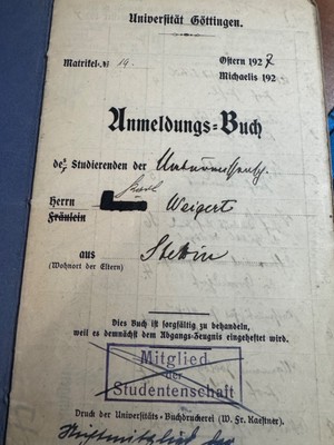 VINTAGE 1927 UNIVERSITY OF GOTTINGEN GERMAN STUDENT REGISTRATION BOOK- ANMELDUNG