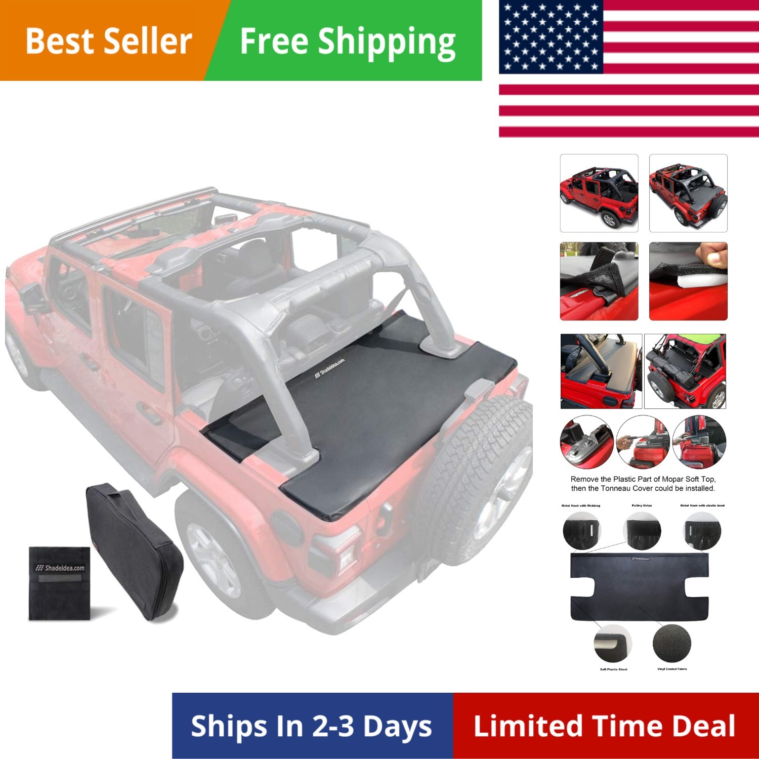 Tonneau Cover for Jeep Wrangler JLU 2018-Current New Model 4 Door Rear Trunk ...