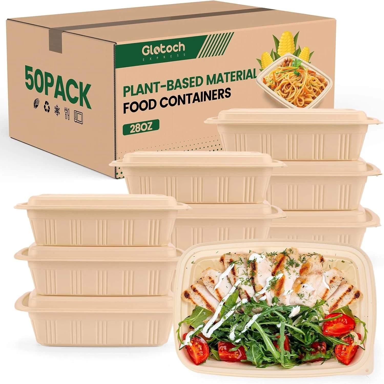 100 Piece 50 Pack Meal Prep Containers W/ Lids 28 oz Cornstarch Food Storage