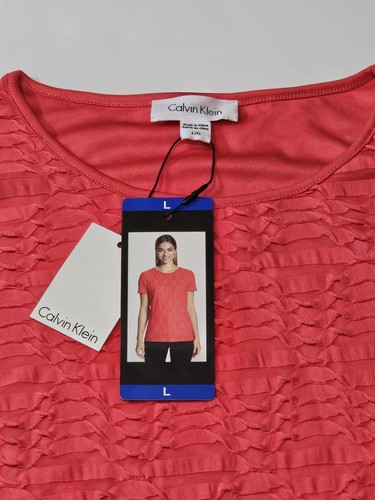 Calvin Klein Womens Lrg Short Sleeve Textured Blouse Watermelon NWT - Picture 2 of 8