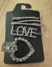 Silver Metal Rhinestone Hair Clip Set LOVE  Heart, Women Party/Cocktail
