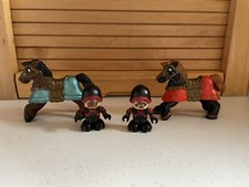 Vintage Hard Plastic Black With Red Trim 2" Knights "Claw Hands" Two 3" Horses