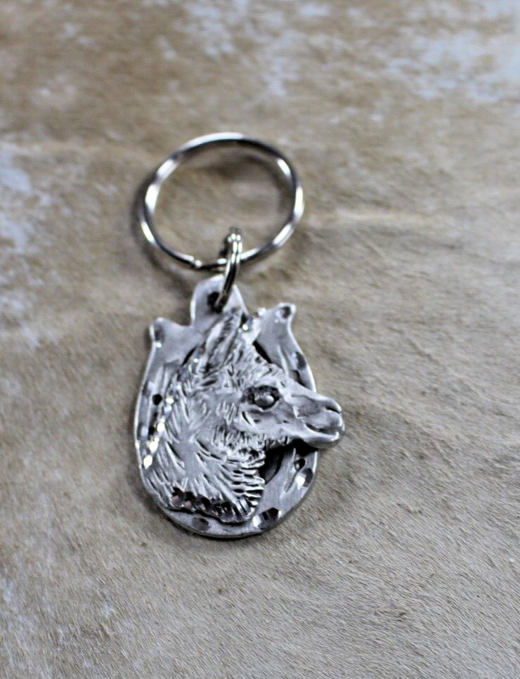 Llama Key Ring 2 x 1.50 in Horseshoe Diamond cut Pewter Handcrafted