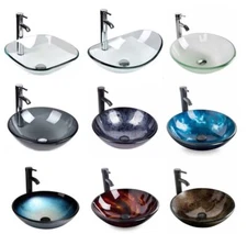 Bathroom Vessel Sink Vanity Tempered Glass Basin Bowl Chrome Faucet Drain Combo