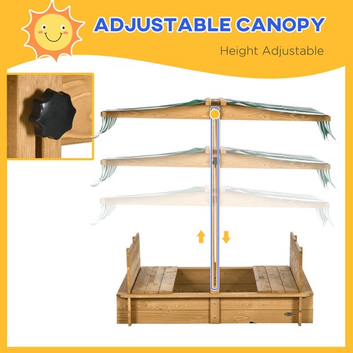 Wooden Kids Sandbox with Cover, Foldable Bench Seats, Adjustable Canopy, Brown - Picture 9 of 11