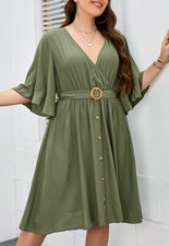 Plus Size O-Ring Tied Belt Waist Butterfly Flare Sleeve Midi Dress