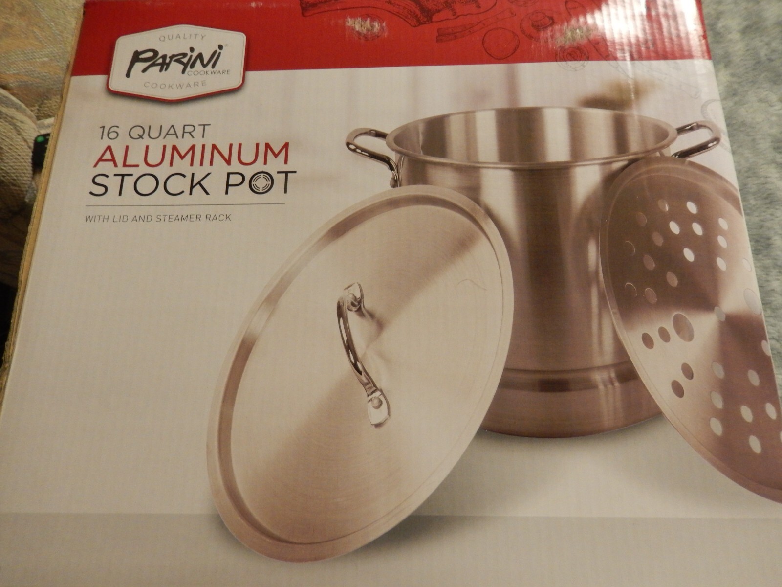 NIB! PARINI 16 QUART ALUMINUM STOCK POT WITH STEAM RACKAND LID eBay