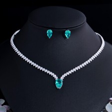 Charming Silver Plated CZ Green Necklace Earrings Jewelry Set for Brides Wedding