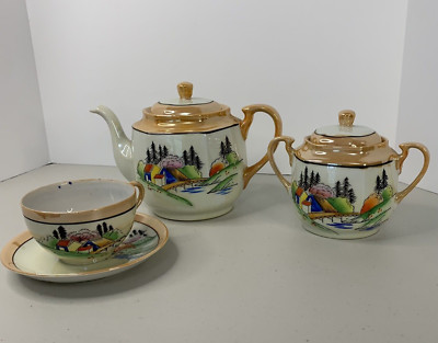 Peach Luster Tea Set Japan Vintage Minka Water Trees Teapot Sugar Cup And Saucer