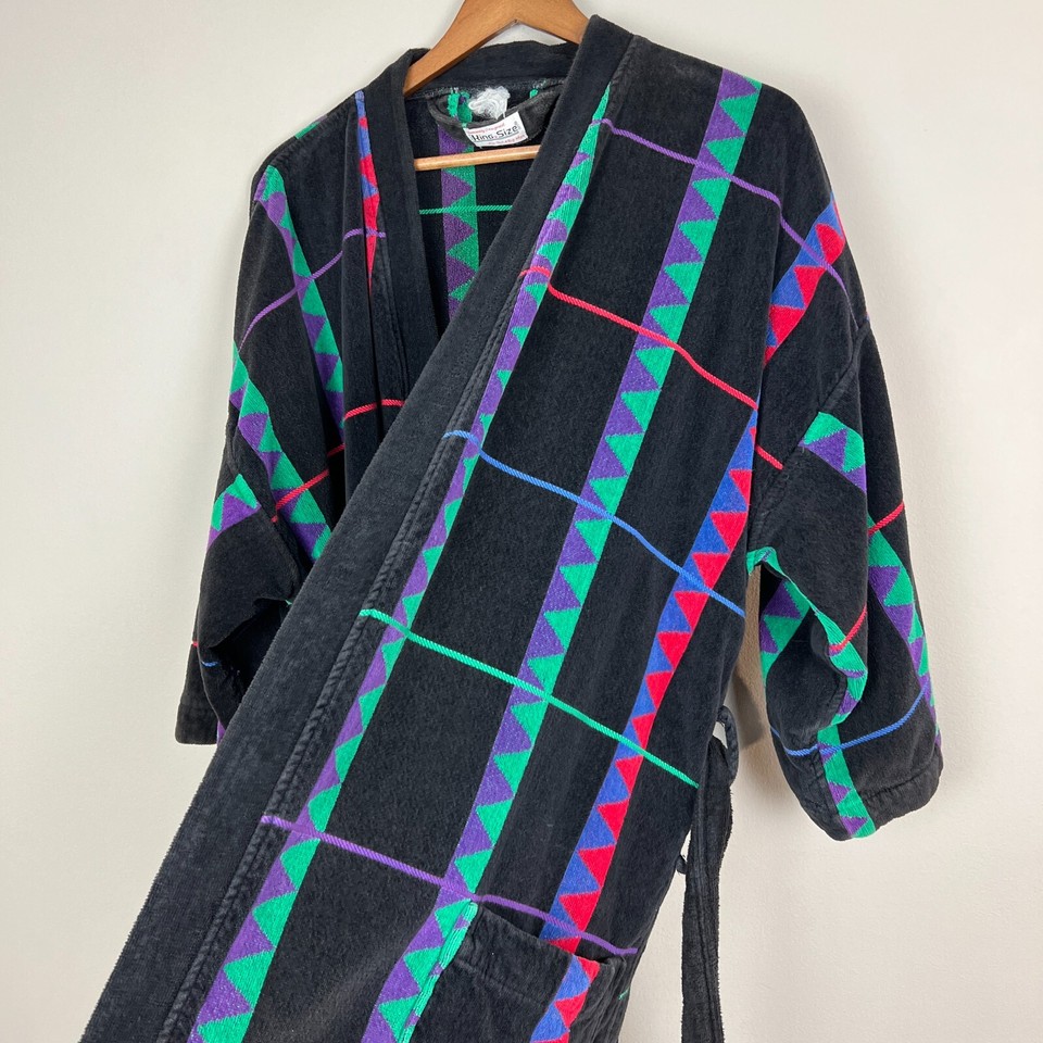 Vintage KING SIZE Robe XLT XL Tall Terry Cloth Black Colorful Geometric