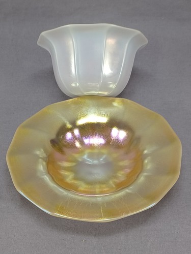 Steuben Shape # 2680 Gold Aurene & Calcite Finger Bowl & Underplate - Picture 3 of 12