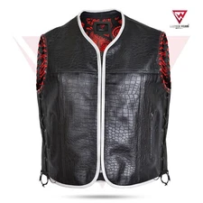 Men's Genuine Embossed Leather & White Trim Motorcycle Waistcoat Red Braided