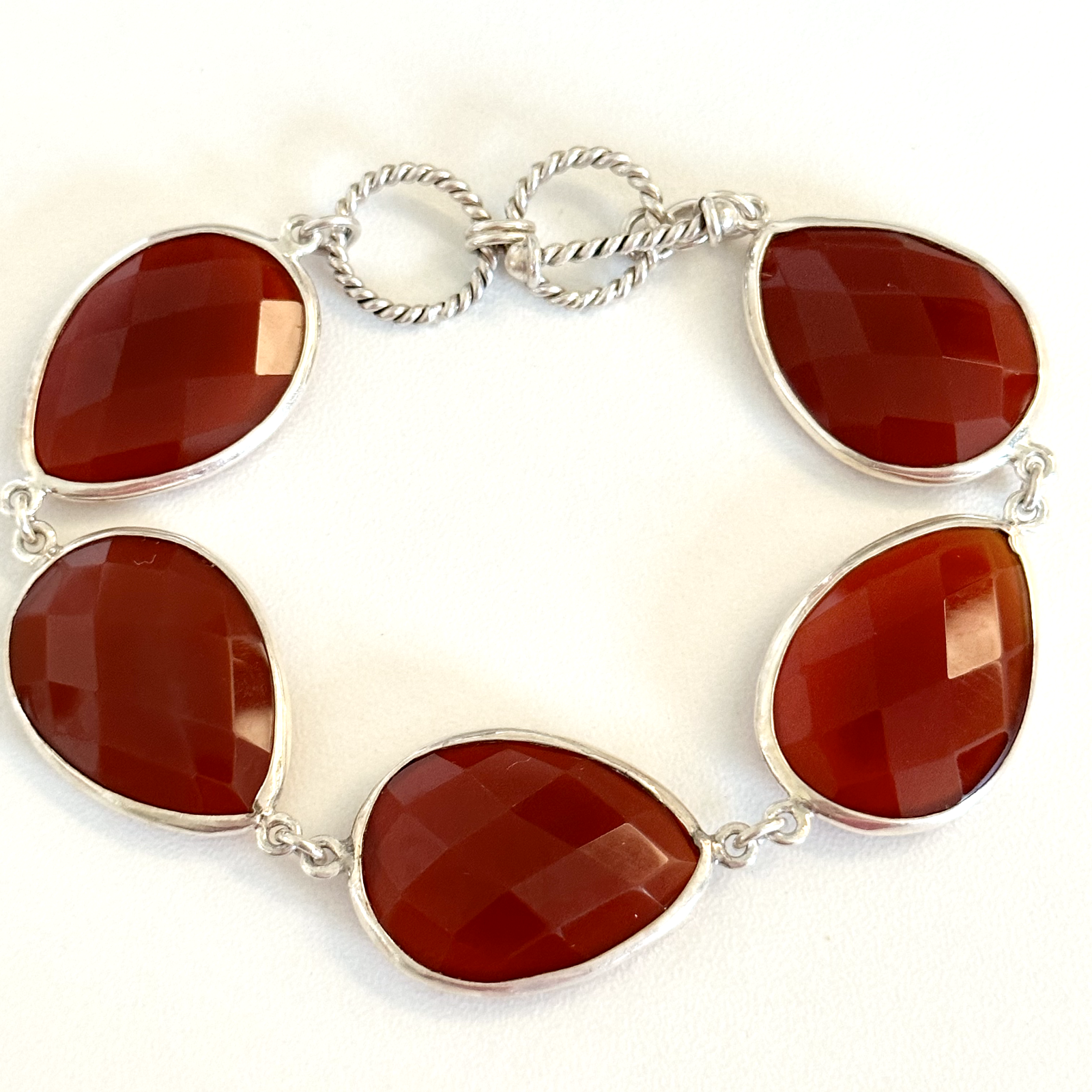 925 Sterling Silver Genuine Carnelian Faceted Teardrop Chain Link Bracelet 7
