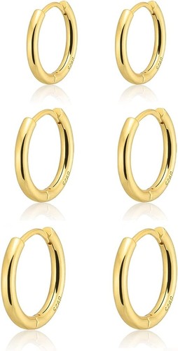 3 Paar 8 mm/10 mm/12 mm plattiert 14K Echt Gold Reifen Huggie Ohrringe Set, Stil #D - Bild 1 von 5