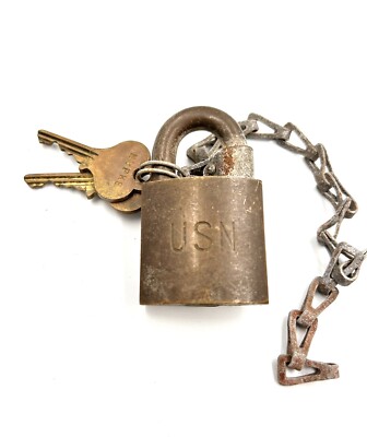 ''USN NAVY'' EAGLE BRASS PADLOCK w/2 KEYS & CHAIN, OLD ANTIQUE LOCK, VINTAGE LOCKS