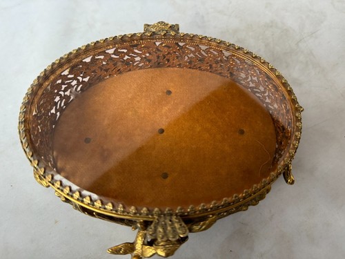 Vtg Ormolu Perfume Bottle&Jewelry Box Beveled Amber Glass Filigree French Rococo - Picture 18 of 23