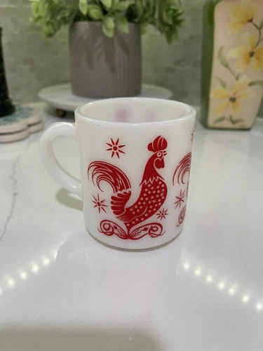 Hazel Atlas Platonite Milk Glass Red Rooster Chicken Mug Coffee Cup Vintage