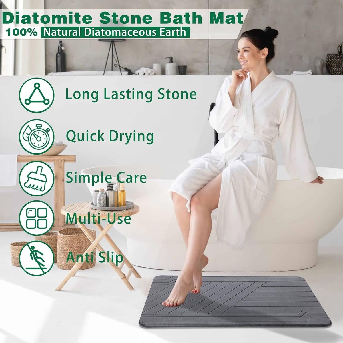 Greenturf Diatomite Bath Mat - 23.6x15.4 Inch, Natural Stone Quick-Dry Shower Mat, Grey - View #9