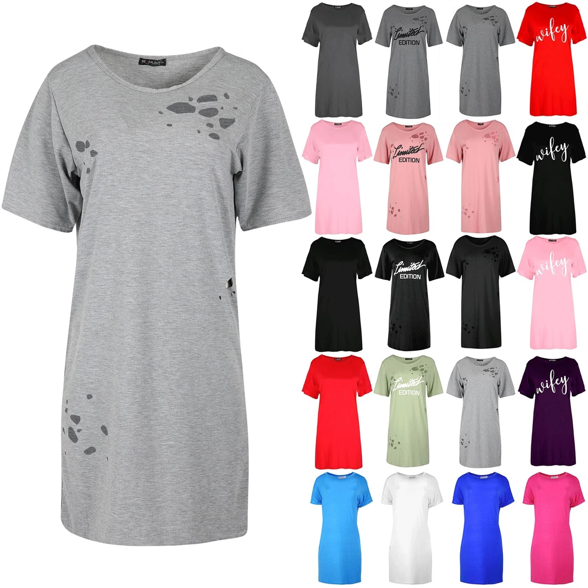 Women Ladies Oversize Destroyed Distressed Rip Lazer Cut Baggy TShirt Mini Dress