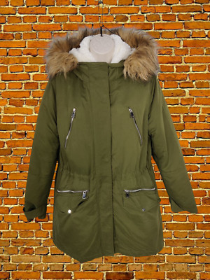 MANGO GRÜN MANTEL KLEIN DAMEN KAPUZE KUNSTFELL GEFÜTTERT KHAKI PARKA JACKE WINTER