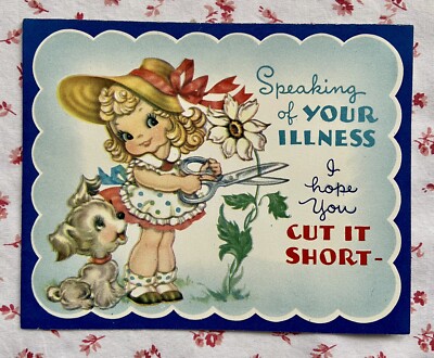 Vintage 1940s UNUSED Get Well Cute Little Girl in Bonnet Puppy Dog Greeting Card