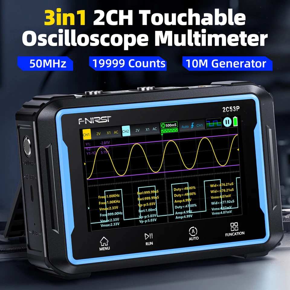 FNIRSI 2C53P Digital Oscilloscope Multimeter Signal Generator Dual Channel 50MHZ