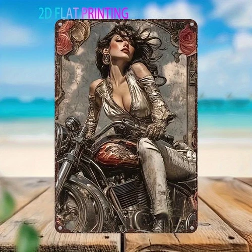 2D Flat,Vintage Motorcycle  Woman Metal Wall Art Tin Metal Signs Home Décor 8x12