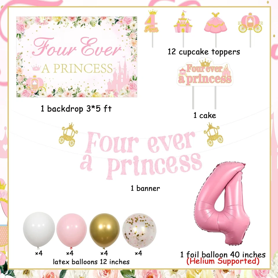 Princesa 4º Cumpleaños Fiesta Decoración Niñas, Cuatro Ever a Princess Decoraciones B Foto 2 de 4