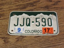Colorado Motorcycle License Plate, JJQ590 with a 2017 tag, 7" X 4"