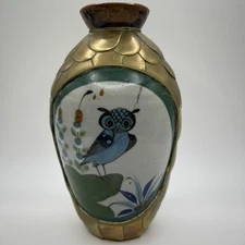 Mexican Tonala 7” Ceramic Brass Owls Vase Sculpture Hand Painted Vtg