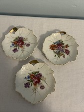 Three Vintage Japanese Porcelain Leaf-Shaped Floral Trinket Dishes Gold Trim
