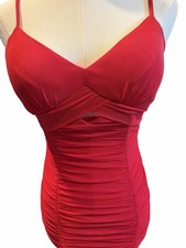 City Studios Red Ruched Bodycon Mini Dress V-Neck Spaghetti Strap Zip Sz small