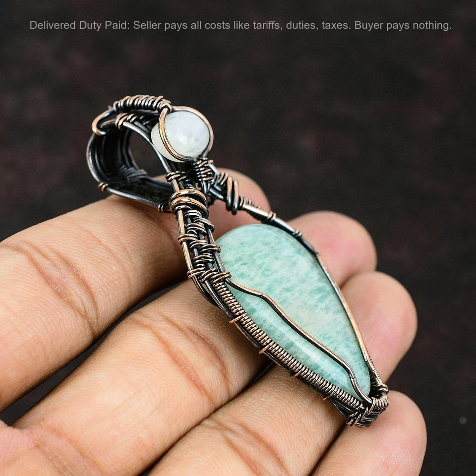 Pingente de pedra amazonita cobre arco-íris pedra da lua casamento fio embrulhado joia - Imagem 4 de 4