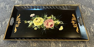 Vintage E.T. Nash Co. MidCentury Toleware Metal Serving Tray Handpainted Flowers