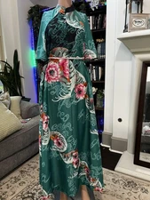 Butterfield 8 Dress Womens Medium Green Floral Asian Wave Maxi Kaftan Lounge