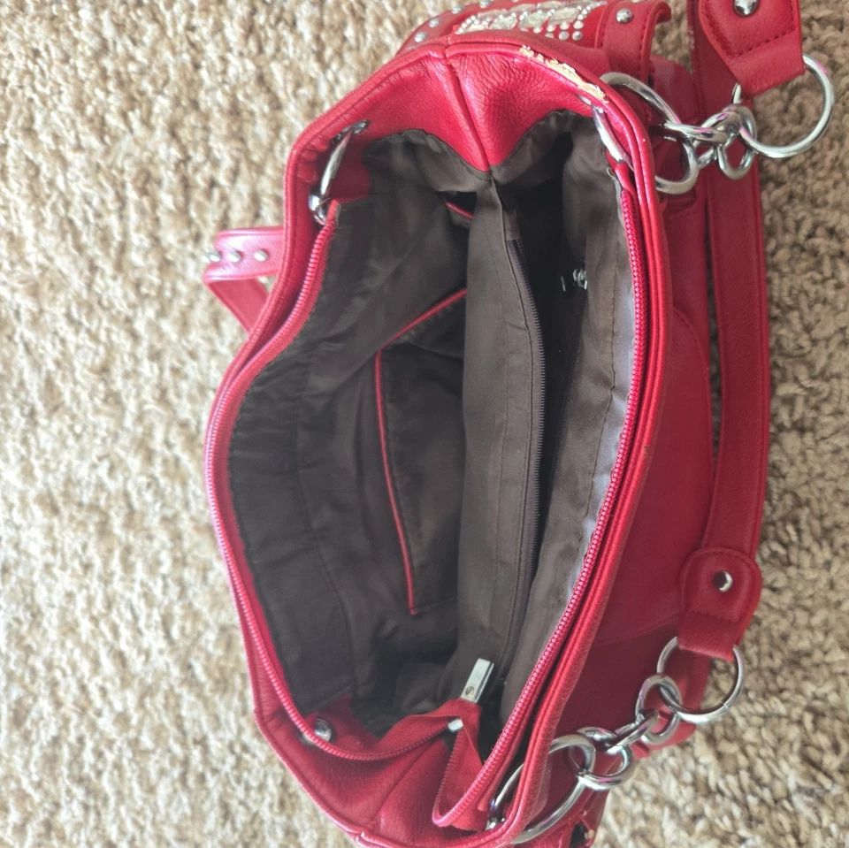 Montana West Tooled Rojo Vegano Cuero Cartera Estrás Estilo Occidental Brillante NUEVO Foto 3 de 4