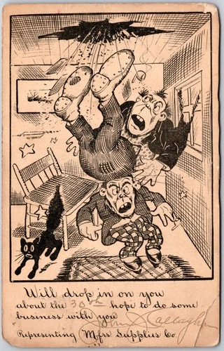 Will Drop In On You, 1904 Comic Two Men Falling Through Ceiling Vintage Postcard