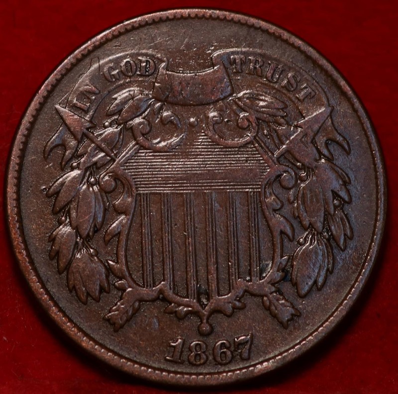 1867 Philadelphia Mint Copper Two Cent Coin
