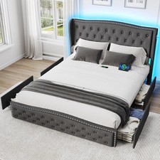 Queen Size LED Bed Frame with Storage Drawers and Charging Station, Upholstered