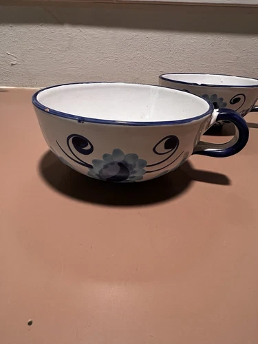 Italian Blue Floral Hand Painted 8" Oversized Bowl Vintage Set Of 2