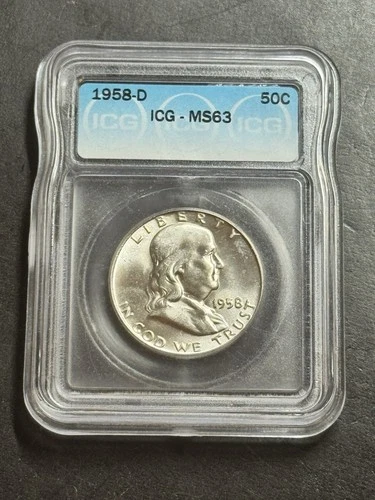 1958 D Franklin Half Dollar Graded ICG MS63 Gem BU 90% Silver 50c Coin (Slab1450