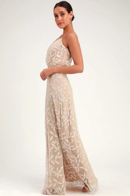 NWT $206 WAYF Savannah Lace Overlay White Tan Beaded Sequin Maxi Dress Gown  S | eBay