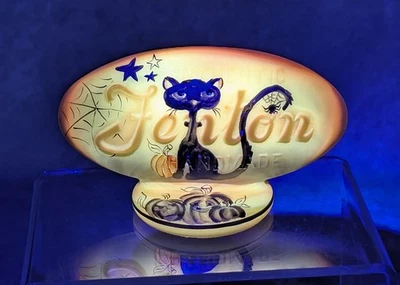 Fenton Glass Yellow Spooky Halloween Cat Display Logo Sign Ltd Ed 37/100 Glows - Image 1 of 4
