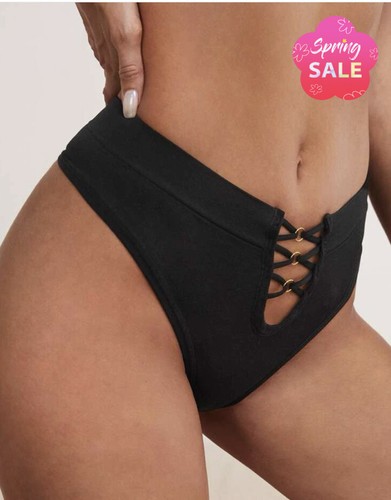 Women’s Lace Panty Cut Outs Criss Cross Cheeky Sexy Black Mis Rise SZ Large - Picture 2 of 6