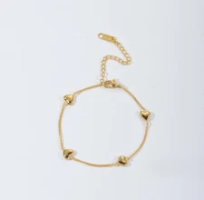 14K Gold Heart Flat Chain Stainless Steel Gift Bracelet Lobster Clasp 6+2" AG