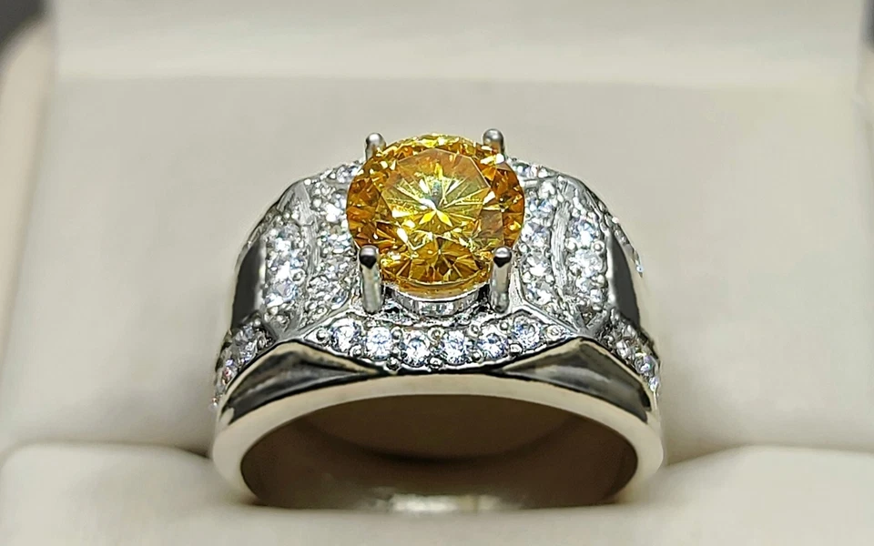 Round Cut Rare 2 Ct Golden Moissanite Diamond 925 Silver Women Engagement Ring - Image 3 of 4
