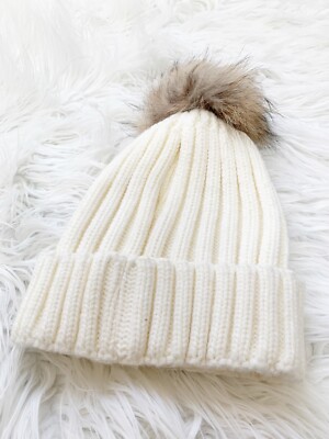 Ivory Knit Ribbed Beanie Hat with Faux Fur Pom Pom | eBay