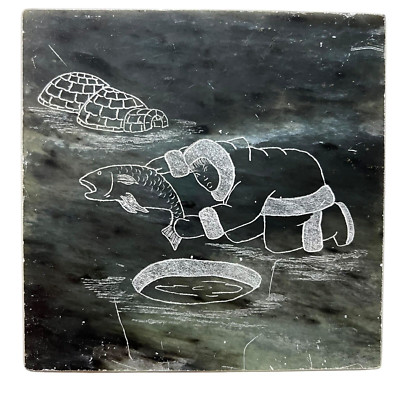 Handcrafted Inuit Soapstone Art Tile Ice Fishing Scene Wall Hanging 5 7/8 in